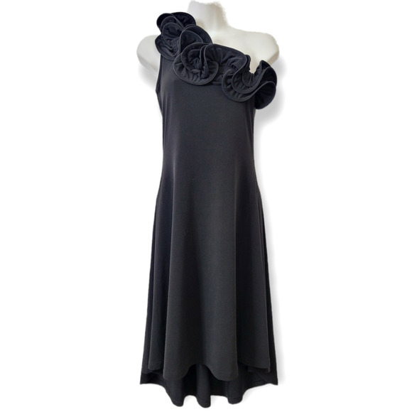 Y2K La-El Couture Black One Shoulder Ruffle Fit & Flare Midi Dress Size Small - Picture 1 of 6